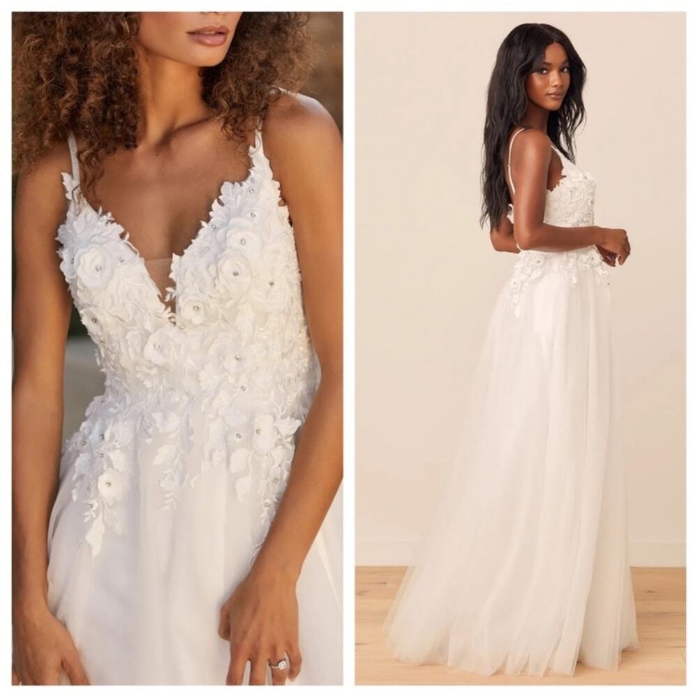 NWOT Lulus Breathtaking Romance White Embroidered Tulle Gown - Picture 7 of 11